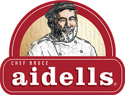 image features an illustrated product label with the text 'Chef Bruce Aidells' prominently displayed. The design includes a drawing of a chef in uniform