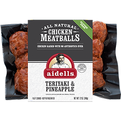 Aidells All Natural Chicken Meatballs Teriyaki & Pineapple package with black label, red Aidells logo, and meatballs visible inside